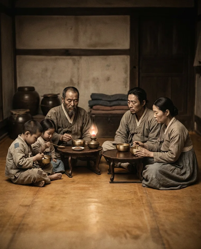 등잔 아래 작은 밥상에 둘러앉은 삼대 가족
