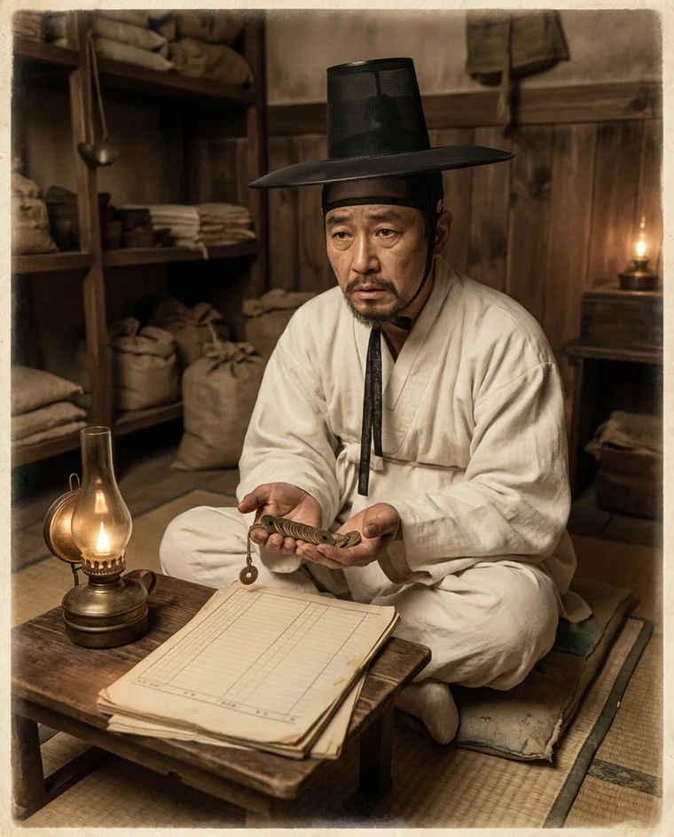 장부 앞에서 손바닥의 엽전을 내려다보는 갓 쓴 상인